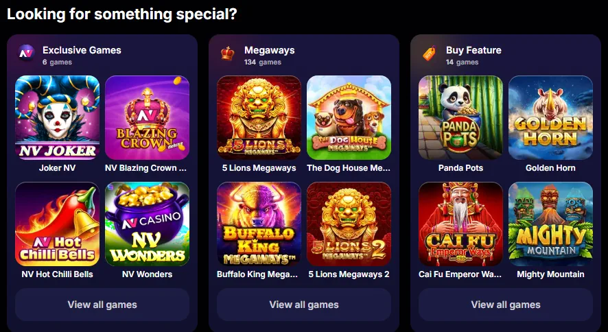NV Casino-Spielbibliothekskategorien und hervorgehobene Slot-Thumbnails